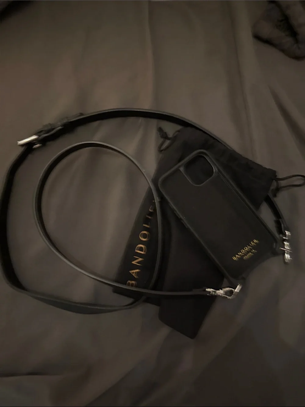 Bandolier Black Leather Crossbody Phone Case with Adjustable Strap